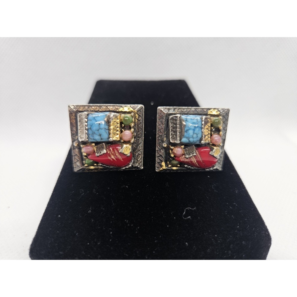 Vintage Artisan‎ Mosaic Stone Inlayed Bronze Cuff Links
